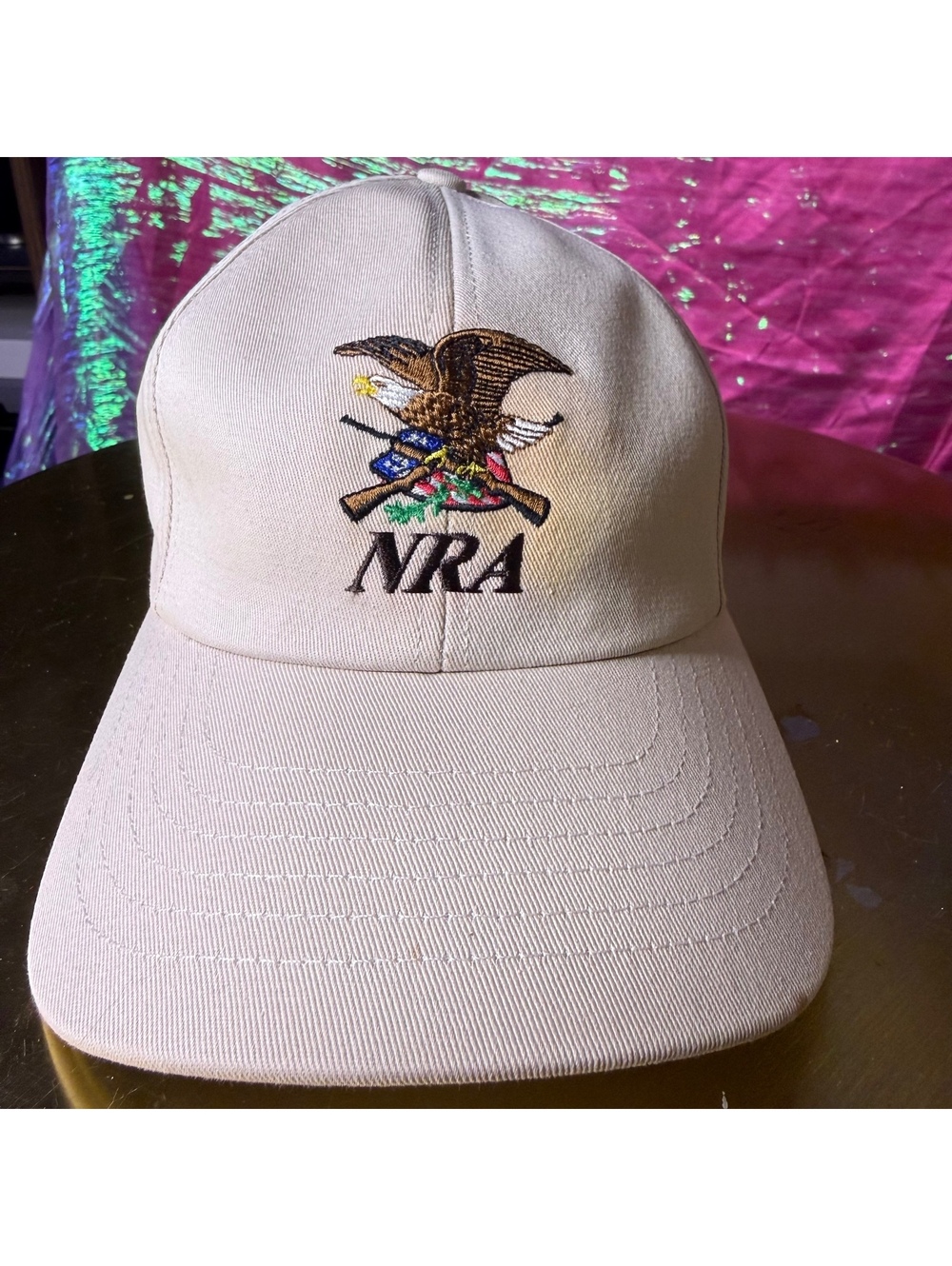 NRA Hat Made in USA Cream Eagle Logo Leather Strapback Brass Buckle Embroidered